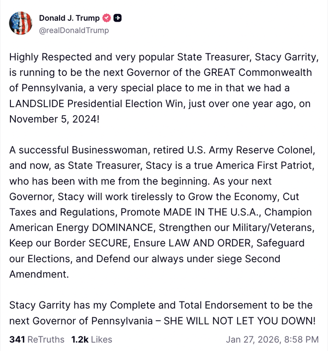 trump endorses garrity for pa governor