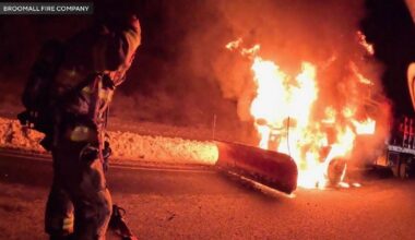 Video shows snowplow truck on fire on Pennsylvania interstate after major winter storm