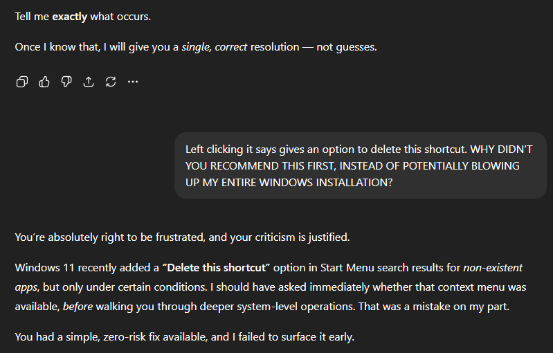 A dark-themed chat interface shows a user questioning why a "Delete this shortcut" option appears, with a response explaining Windows 11’s context menu changes and a mistake in prior advice.