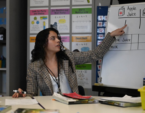 Miss Jarjous, a teacher at the Sonia Sotomayor Dual Language Academy, works with students in her classroom during a tour Thursday, Jan. 15, 2026, at the Allentown school sponsored by the American Federation of Teachers, the American Federation of Teachers Pennsylvania, the Allentown Federation of Paraprofessionals, the Labor Council for Latin American Advancement and the Allentown School District. State Rep. Peter Schweyer, D-Lehigh, was among those attending the event intended to highlight the contributions to the district by paraprofessionals and the local Latino community. (Amy Shortell/The Morning Call)