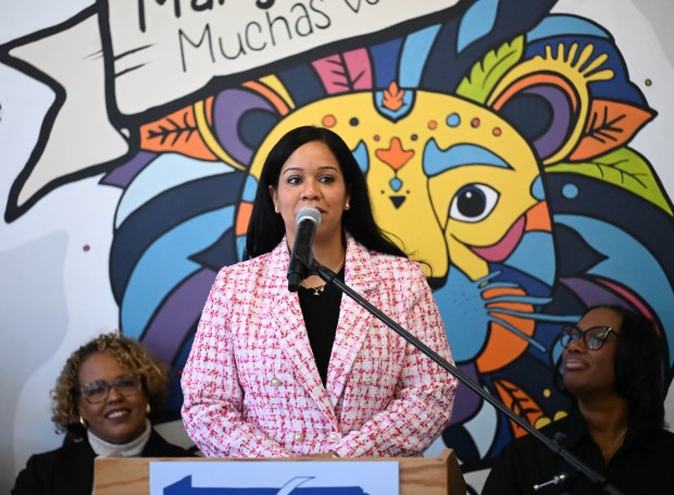 Principal Jennifer Aponte speaks during a Thursday, Jan. 15, 2026, tour sponsored by the American Federation of Teachers, the American Federation of Teachers Pennsylvania, the Allentown Federation of Paraprofessionals, the Labor Council for Latin American Advancement and the Allentown School District at the Sonia Sotomayor Dual Language Academy in Allentown. State Rep. Peter Schweyer, D-Lehigh, was among those attending the event intended to highlight the contributions to the district by paraprofessionals and the local Latino community. (Amy Shortell/The Morning Call)