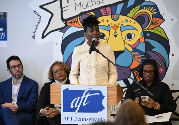 Carol Birks speaks during a Thursday, Jan. 15, 2026, tour sponsored by the American Federation of Teachers, the American Federation of Teachers Pennsylvania, the Allentown Federation of Paraprofessionals, the Labor Council for Latin American Advancement and the Allentown School District at the Sonia Sotomayor Dual Language Academy in Allentown. State Rep. Peter Schweyer, D-Lehigh, was among those attending the event intended to highlight the contributions to the district by paraprofessionals and the local Latino community. (Amy Shortell/The Morning Call)