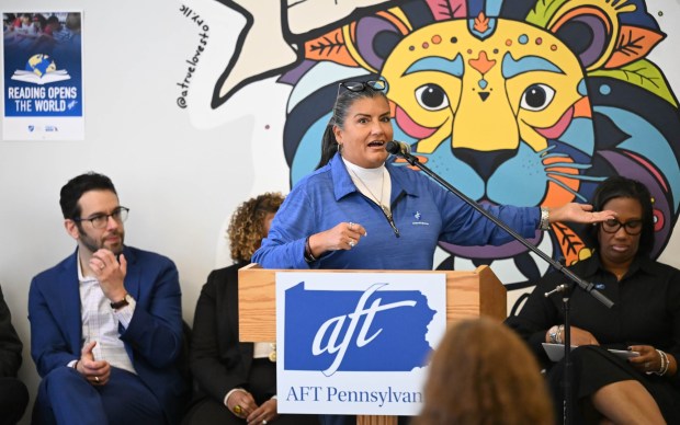 Evelyn DeJesus, AFT Executive Vice President and LCLAA President speaks during a Thursday, Jan. 15, 2026, tour sponsored by the American Federation of Teachers, the American Federation of Teachers Pennsylvania, the Allentown Federation of Paraprofessionals, the Labor Council for Latin American Advancement and the Allentown School District at the Sonia Sotomayor Dual Language Academy in Allentown. State Rep. Peter Schweyer, D-Lehigh, was among those attending the event intended to highlight the contributions to the district by paraprofessionals and the local Latino community. (Amy Shortell/The Morning Call)