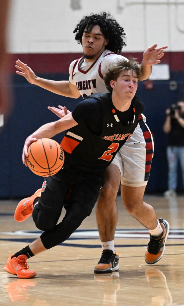 Northampton's Noah Walakovits drives up the court against Liberty on Friday, Dec. 12, 2025, at Liberty High School in Bethlehem. Walakovits recently scored his 1,000th career point. (Amy Shortell / The Morning Call)