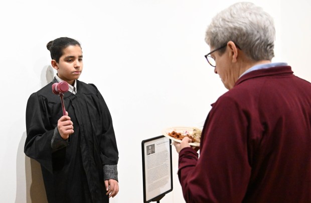 Khristian Luis Marciano White portray's Thurgood Marshal during a celebration Sunday, Jan. 18, 2026, to mark Martin Luther King Jr. Day at the Moravian University's Foy Hall in Bethlehem. The event was held by Second Baptist Church, Central Moravian Church, Bethlehem Area Moravians, Moravian University School of Theology and Bethlehem Interfaith Group. (Amy Shortell/The Morning Call)