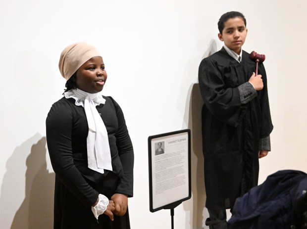 Niomi Calloway portray's Harriet Tubman and Khristian Luis Marciano White portray's Thurgood Marshal during a celebration Sunday, Jan. 18, 2026, to mark Martin Luther King Jr. Day at the Moravian University's Foy Hall in Bethlehem. The event was held by Second Baptist Church, Central Moravian Church, Bethlehem Area Moravians, Moravian University School of Theology and Bethlehem Interfaith Group. (Amy Shortell/The Morning Call)
