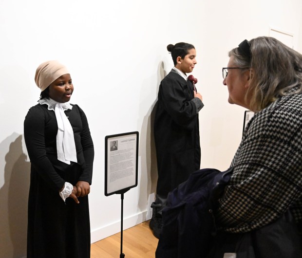 Niomi Calloway portray's Harriet Tubman and Khristian Luis Marciano White portray's Thurgood Marshal during a celebration Sunday, Jan. 18, 2026, to mark Martin Luther King Jr. Day at the Moravian University's Foy Hall in Bethlehem. The event was held by Second Baptist Church, Central Moravian Church, Bethlehem Area Moravians, Moravian University School of Theology and Bethlehem Interfaith Group. (Amy Shortell/The Morning Call)
