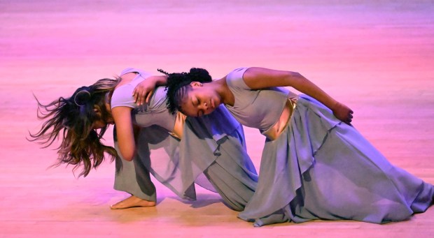 Madyson Ellison and Vaniya Patrick perform a duo dance during a celebration Sunday, Jan. 18, 2026, to mark Martin Luther King Jr. Day at the Moravian University's Foy Hall in Bethlehem. The event was held by Second Baptist Church, Central Moravian Church, Bethlehem Area Moravians, Moravian University School of Theology and Bethlehem Interfaith Group. (Amy Shortell/The Morning Call)
