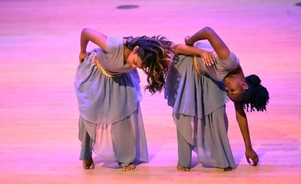 Madyson Ellison and Vaniya Patrick perform a duo dance during a celebration Sunday, Jan. 18, 2026, to mark Martin Luther King Jr. Day at the Moravian University's Foy Hall in Bethlehem. The event was held by Second Baptist Church, Central Moravian Church, Bethlehem Area Moravians, Moravian University School of Theology and Bethlehem Interfaith Group. (Amy Shortell/The Morning Call)
