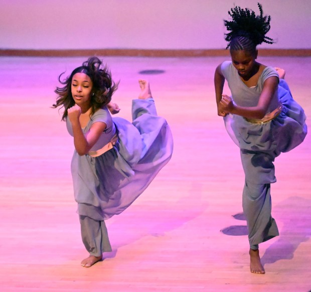 Madyson Ellison and Vaniya Patrick perform a duo dance during a celebration Sunday, Jan. 18, 2026, to mark Martin Luther King Jr. Day at the Moravian University's Foy Hall in Bethlehem. The event was held by Second Baptist Church, Central Moravian Church, Bethlehem Area Moravians, Moravian University School of Theology and Bethlehem Interfaith Group. (Amy Shortell/The Morning Call)
