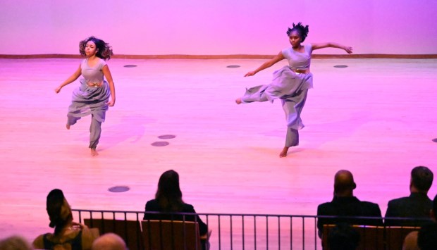 Madyson Ellison and Vaniya Patrick perform a duo dance during a celebration Sunday, Jan. 18, 2026, to mark Martin Luther King Jr. Day at the Moravian University's Foy Hall in Bethlehem. The event was held by Second Baptist Church, Central Moravian Church, Bethlehem Area Moravians, Moravian University School of Theology and Bethlehem Interfaith Group. (Amy Shortell/The Morning Call)