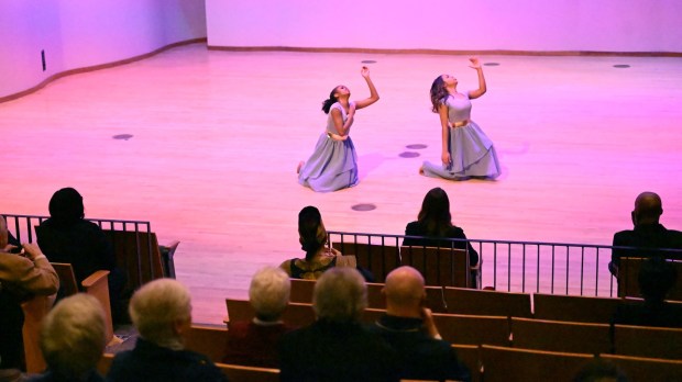 Madyson Ellison and Vaniya Patrick perform a duo dance during a celebration Sunday, Jan. 18, 2026, to mark Martin Luther King Jr. Day at the Moravian University's Foy Hall in Bethlehem. The event was held by Second Baptist Church, Central Moravian Church, Bethlehem Area Moravians, Moravian University School of Theology and Bethlehem Interfaith Group. (Amy Shortell/The Morning Call)
