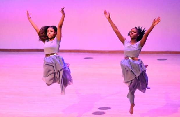 Madyson Ellison and Vaniya Patrick perform a duo dance during a celebration Sunday, Jan. 18, 2026, to mark Martin Luther King Jr. Day at the Moravian University's Foy Hall in Bethlehem. The event was held by Second Baptist Church, Central Moravian Church, Bethlehem Area Moravians, Moravian University School of Theology and Bethlehem Interfaith Group. (Amy Shortell/The Morning Call)