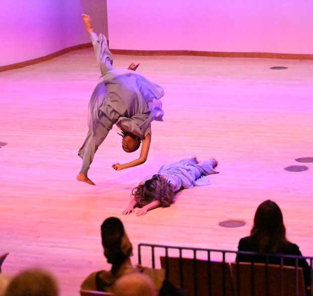 Madyson Ellison and Vaniya Patrick perform a duo dance during a celebration Sunday, Jan. 18, 2026, to mark Martin Luther King Jr. Day at the Moravian University's Foy Hall in Bethlehem. The event was held by Second Baptist Church, Central Moravian Church, Bethlehem Area Moravians, Moravian University School of Theology and Bethlehem Interfaith Group. (Amy Shortell/The Morning Call)