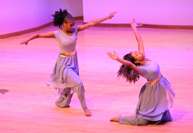 Madyson Ellison and Vaniya Patrick perform a duo dance during a celebration Sunday, Jan. 18, 2026, to mark Martin Luther King Jr. Day at the Moravian University's Foy Hall in Bethlehem. The event was held by Second Baptist Church, Central Moravian Church, Bethlehem Area Moravians, Moravian University School of Theology and Bethlehem Interfaith Group. (Amy Shortell/The Morning Call)