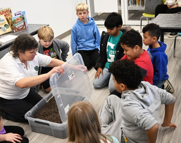 Ellen Siftar leads a round of dig for the potato in a bin filled with fake dirt Tuesday, Jan. 13, 2026, during 4-H at the Library at Parkland Community Library in South Whitehall Township. The program allows children to explore a range of topics through the 4-H curriculum, with each session offering a new theme, such as science experiments and robotics, art projects, healthy living, and agriculture. (Amy Shortell/The Morning Call)