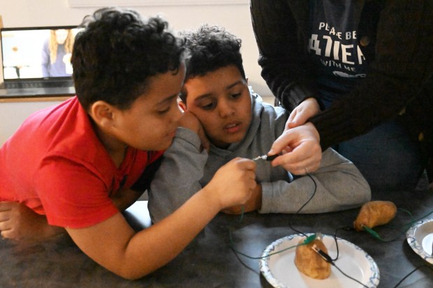 Maverick and Messiah Carmichael create a potato battery Tuesday, Jan. 13, 2026, during 4-H at the Library at Parkland Community Library in South Whitehall Township. The program allows children to explore a range of topics through the 4-H curriculum, with each session offering a new theme, such as science experiments and robotics, art projects, healthy living, and agriculture. (Amy Shortell/The Morning Call)