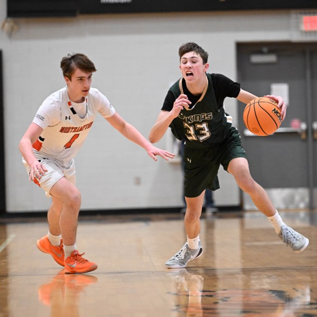 Central Catholic's 's Nathaniel Eddinger drives down the court Monday, Jan. 12, 2026, during a game against Northampton at Northampton Area High School. (Amy Shortell/The Morning Call)