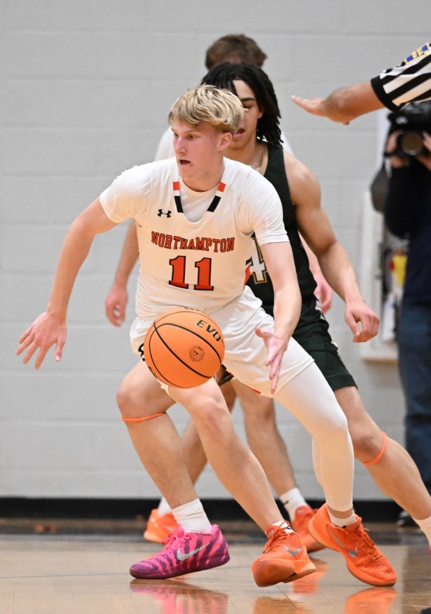 Northampton's Brady Simock drives down the court Monday, Jan. 12, 2026, during a game against Allentown Central Catholic at Northampton Area High School. (Amy Shortell/The Morning Call)
