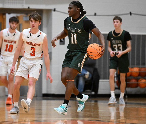 Central Catholic's 's DiQuiawn Leak drives down the court Monday, Jan. 12, 2026, during a game against Northampton at Northampton Area High School. (Amy Shortell/The Morning Call)