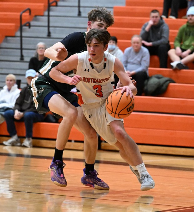 Northampton's Ethan Raphun drives down the court Monday, Jan. 12, 2026, during a game against Allentown Central Catholic at Northampton Area High School. (Amy Shortell/The Morning Call)