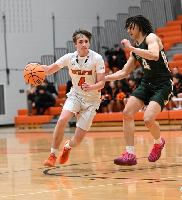 Northampton's Leo Regec drives down the court Monday, Jan. 12, 2026, during a game against Allentown Central Catholic at Northampton Area High School. (Amy Shortell/The Morning Call)