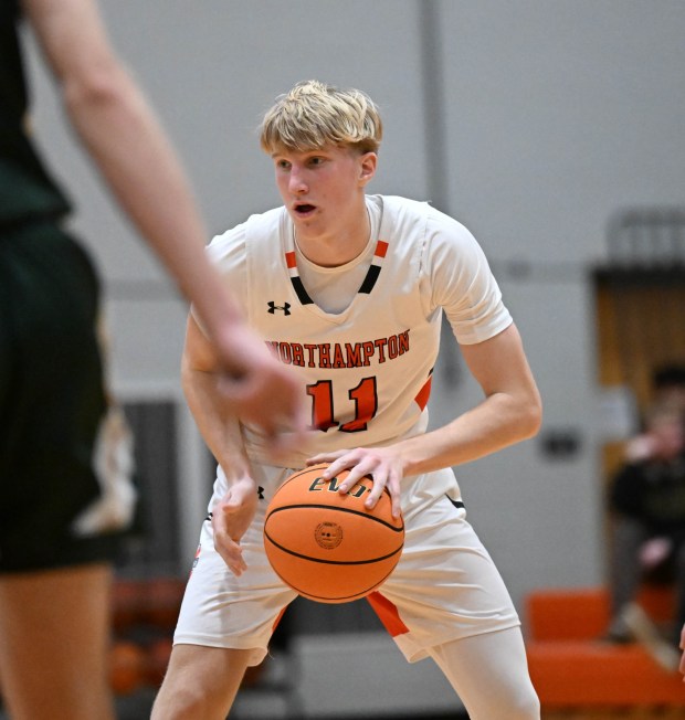 Northampton's Brady Simock drives down the court Monday, Jan. 12, 2026, during a game against Allentown Central Catholic at Northampton Area High School. (Amy Shortell/The Morning Call)