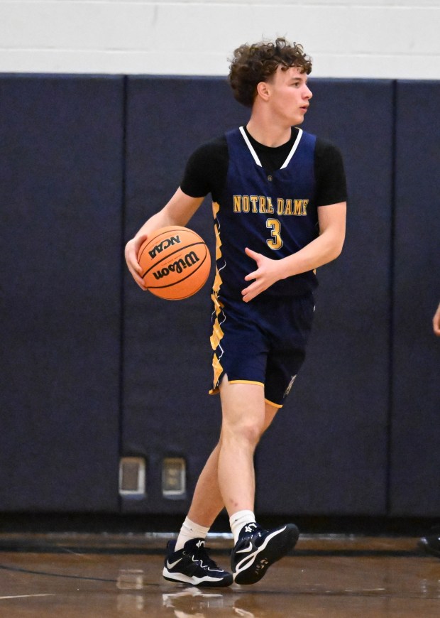 Notre-Dame Green Pond's Tommy Murphy drives down the court Tuesday, Jan. 13, 2026, during a game against Salisbury at Salisbury High School. (Amy Shortell/The Morning Call)