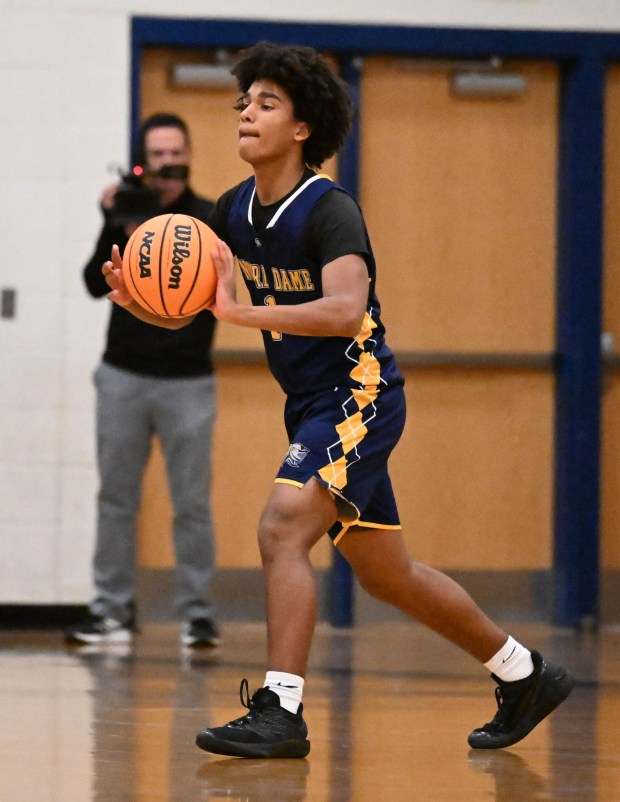 Notre-Dame Green Pond's Drew Boyd drives down the court Tuesday, Jan. 13, 2026, during a game against Salisbury at Salisbury High School. (Amy Shortell/The Morning Call)