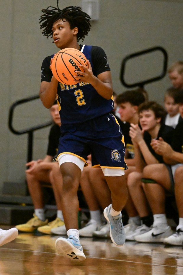 Notre Dame Green Pond's Justin Manning drives up the court Friday, Jan. 2, 2025, during a game against Northwestern Lehigh at Northwestern Lehigh High School. (Amy Shortell/The Morning Call)