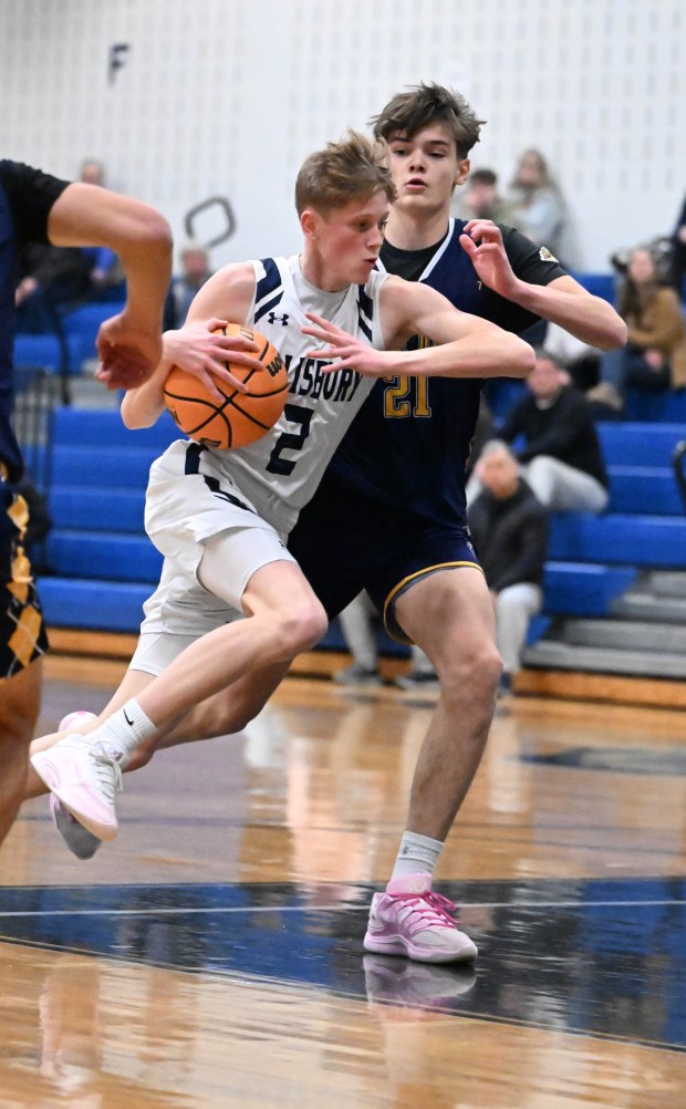 Salisbury's Garrett Leiner drives down the court Tuesday, Jan. 13, 2026, during a game against Notre-Dame Green Pond at Salisbury High School. (Amy Shortell/The Morning Call)