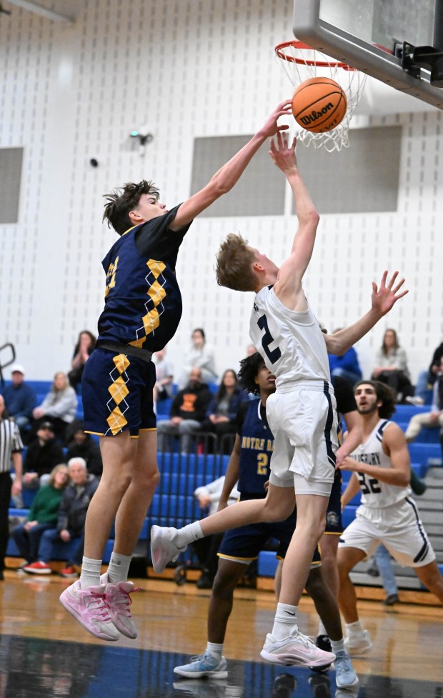 Notre-Dame Green Pond's Cody Driscoll blocks the shot Tuesday, Jan. 13, 2026, during a game against Salisbury at Salisbury High School. (Amy Shortell/The Morning Call)