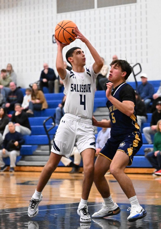 Salisbury's Bryan Gonzalez drives down the court Tuesday, Jan. 13, 2026, during a game against Notre-Dame Green Pond at Salisbury High School. (Amy Shortell/The Morning Call)