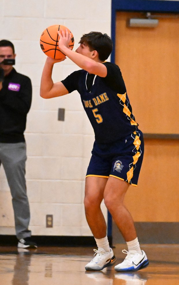 Notre-Dame Green Pond's Quinn Bohn shoots the ball Tuesday, Jan. 13, 2026, during a game against Salisbury at Salisbury High School. (Amy Shortell/The Morning Call)
