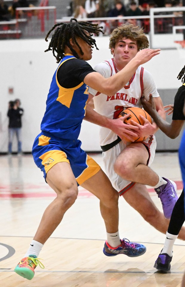 Parkland's Blake Nassry drives down the court  Tuesday, Jan. 20, 2026, during a game against Allen High School at Parkland High School. (Amy Shortell/The Morning Call)