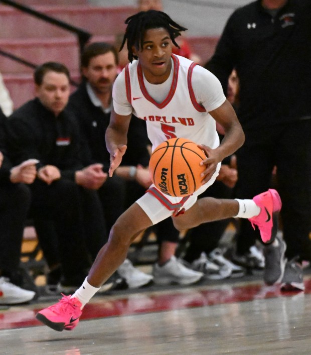 Parkland's Nassim Adams drives down the court  Tuesday, Jan. 20, 2026, during a game against Allen High School at Parkland High School. (Amy Shortell/The Morning Call)