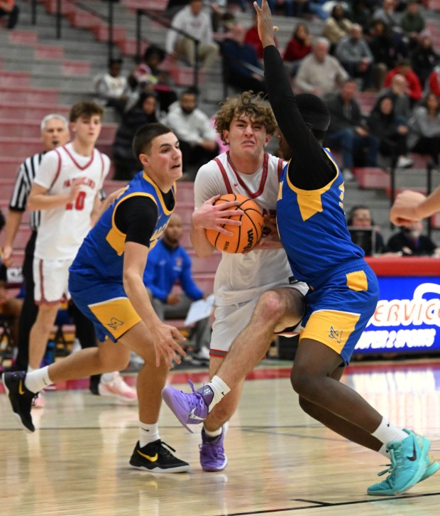 Parkland's Blake Nassry drives down the court  Tuesday, Jan. 20, 2026, during a game against Allen High School at Parkland High School. (Amy Shortell/The Morning Call)
