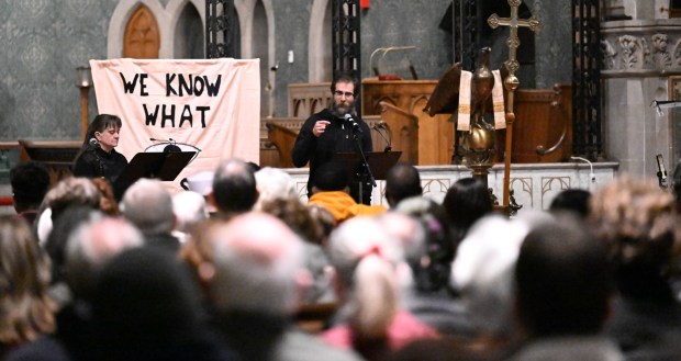 Rev. John Stratton, 8th Rector of Nativity & 14th Dean of the Cathedral, speaks during a vigil for Renee Nicole Good, the woman shot and killed by a federal immigration agent in Minneapolis, on Friday, Jan. 9, 2026, at the Cathedral Church of the Nativity in Bethlehem. (Amy Shortell/The Morning Call)