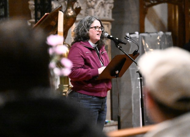 Rev. Maryann Philbrook Stores, canon for community connections at the Cathedral Church of the Nativity, speaks during a vigil for Renee Nicole Good, the woman shot and killed by a federal immigration agent in Minneapolis, on Friday, Jan. 9, 2026, at the Cathedral Church of the Nativity in Bethlehem. (Amy Shortell/The Morning Call)