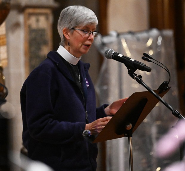 Rev. Maria Tjeltveit speaks during a vigil for Renee Nicole Good, the woman shot and killed by a federal immigration agent in Minneapolis, on Friday, Jan. 9, 2026, at the Cathedral Church of the Nativity in Bethlehem.(Amy Shortell/The Morning Call)