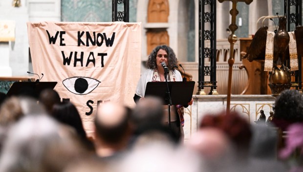 Rabbi Shoshanah Tornberg speaks during a vigil for Renee Nicole Good, the woman shot and killed by a federal immigration agent in Minneapolis, on Friday, Jan. 9, 2026, at the Cathedral Church of the Nativity in Bethlehem.(Amy Shortell/The Morning Call)