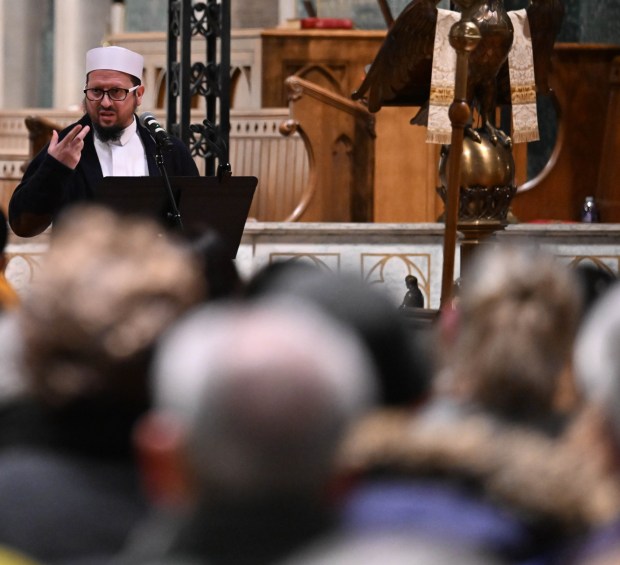 Imam Daniel Hernadez speaks during a vigil for Renee Nicole Good, the woman shot and killed by a federal immigration agent in Minneapolis, on Friday, Jan. 9, 2026, at the Cathedral Church of the Nativity in Bethlehem. (Amy Shortell/The Morning Call)