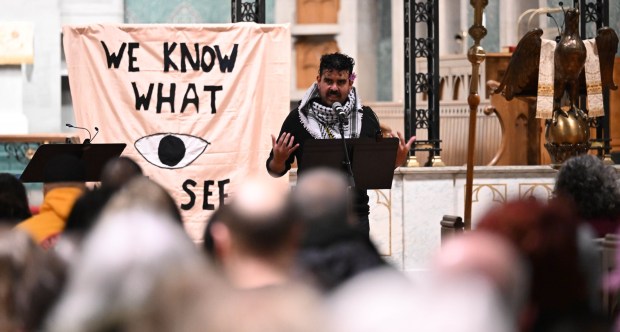 Jon Irons speaks during a vigil for Renee Nicole Good, the woman shot and killed by a federal immigration agent in Minneapolis, on Friday, Jan. 9, 2026, at the Cathedral Church of the Nativity in Bethlehem.(Amy Shortell/The Morning Call)