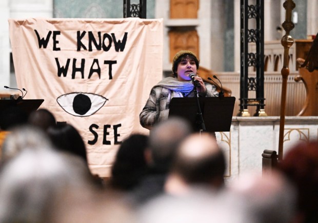 Gabby Hochfield speaks during a vigil for Renee Nicole Good, the woman shot and killed by a federal immigration agent in Minneapolis, on Friday, Jan. 9, 2026, at the Cathedral Church of the Nativity in Bethlehem. (Amy Shortell/The Morning Call)