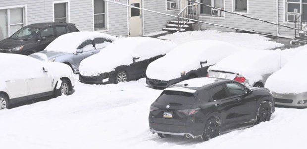 Cars are seen covered in snow Saturday, Jan. 17, 2026, in Northampton. A winter storm dropped several inches of snow across the Lehigh Valley, leading to messy travel conditions.(Amy Shortell / The Morning Call)