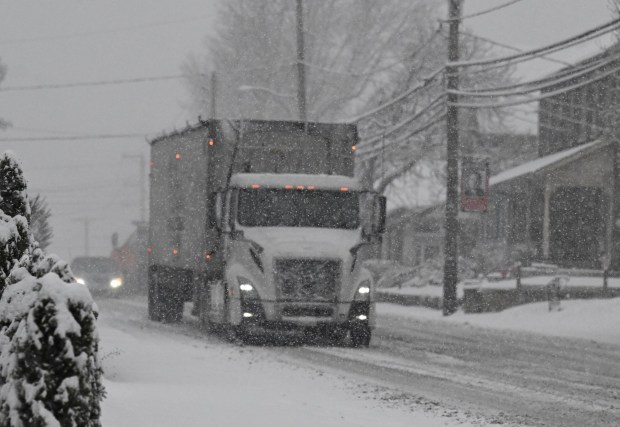 Route 329 is seen covered in snow and slush Saturday, Jan. 17, 2026, in Northampton. A winter storm dropped several inches of snow across the Lehigh Valley, leading to messy travel conditions.(Amy Shortell / The Morning Call)