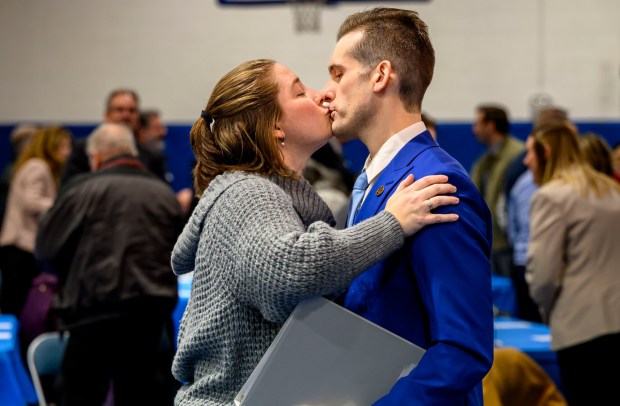 Sara Siegel kisses and hugs her husband Josh Siegel after he finishes his speech Monday, Jan. 5, 2026, during his swearing-in ceremony for Lehigh County executive at The Boys and Girls Club of Allentown Cumberland Gardens Clubhouse. (April Gamiz / The Morning Call)