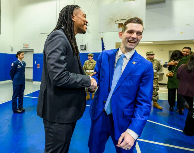State Rep. Malcolm Kenyatta, D-181, talks with Josh Siegel on Monday, Jan. 5, 2026, during Siegel's swearing-in as Lehigh County executive at The Boys and Girls Club of Allentown Cumberland Gardens Clubhouse. (April Gamiz / The Morning Call)