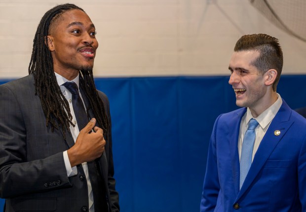 State Rep. Malcolm Kenyatta, D-181, talks with Josh Siegel on Monday, Jan. 5, 2026, during Siegel's swearing-in as Lehigh County executive at The Boys and Girls Club of Allentown Cumberland Gardens Clubhouse. (April Gamiz / The Morning Call)