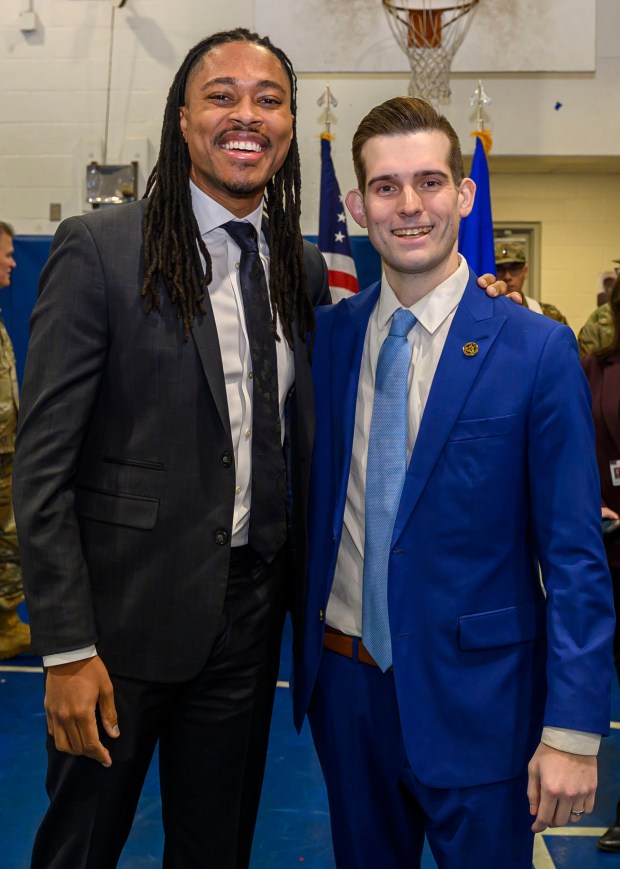 State Rep. Malcolm Kenyatta, D-181, talks with Josh Siegel on Monday, Jan. 5, 2026, during Siegel's swearing-in as Lehigh County executive at The Boys and Girls Club of Allentown Cumberland Gardens Clubhouse. (April Gamiz / The Morning Call)